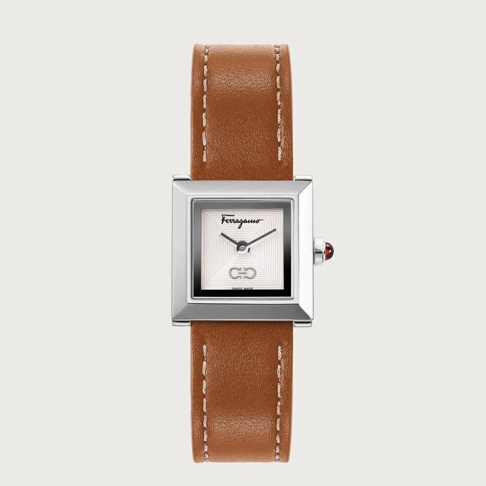 Ferragamo Square Brown Leather Strap Watch 19mm